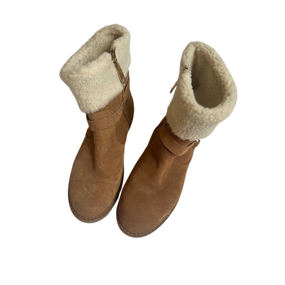 Tommy Hilfiger Tan Suede Faux Shearling Lined Ankle Boots Gold Hardware Size 8M